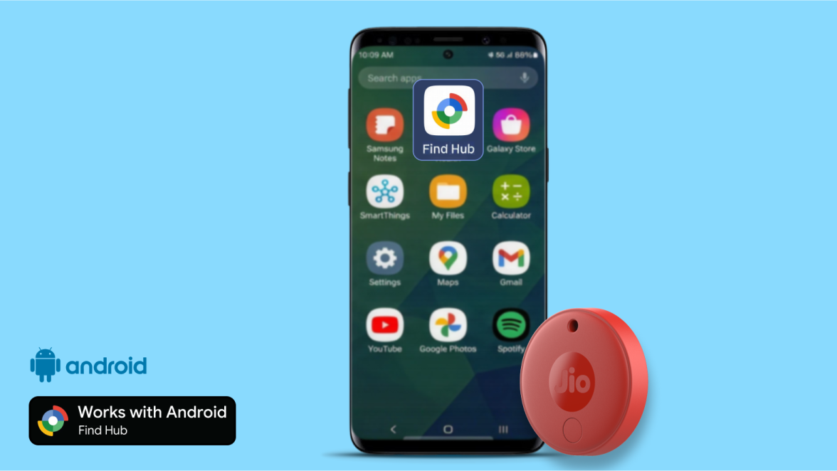 A Red JioTag paired with an Android phone, marked Works with Android