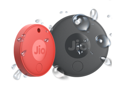 Red and Grey JioTags with water droplets splashing off them